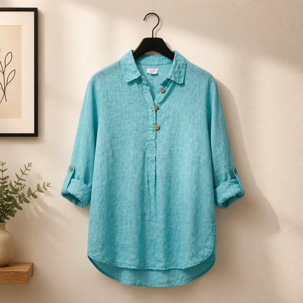 Sigrid Olsen Tunic Top Turquoise Blue 100% Linen Roll Tab Sleeve Casual Size M
